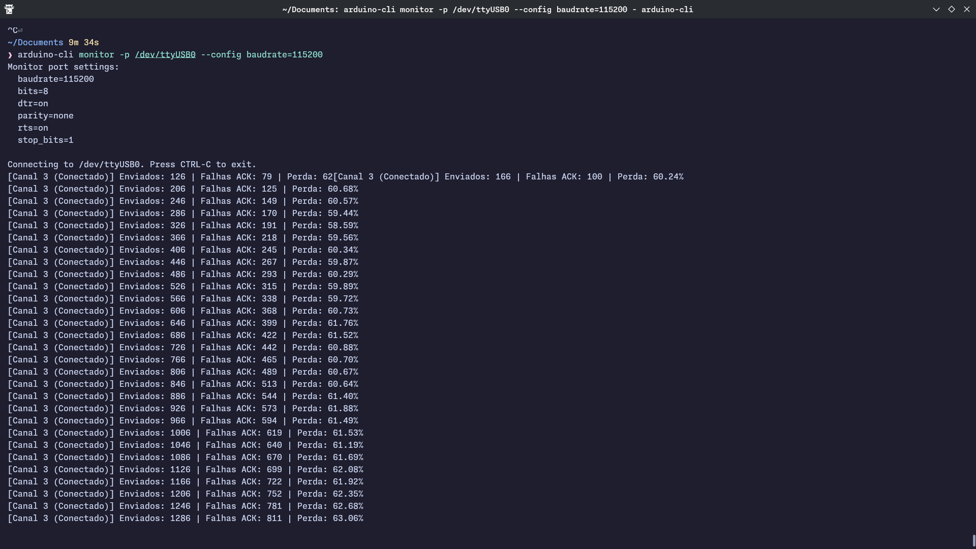 Monitoramento serial do transmissor via arduino-cli durante teste de canal