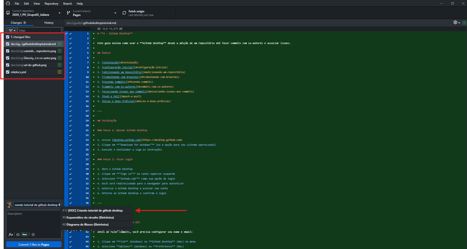 Adição de Arquivos Modificados e Relacionando a Issue
